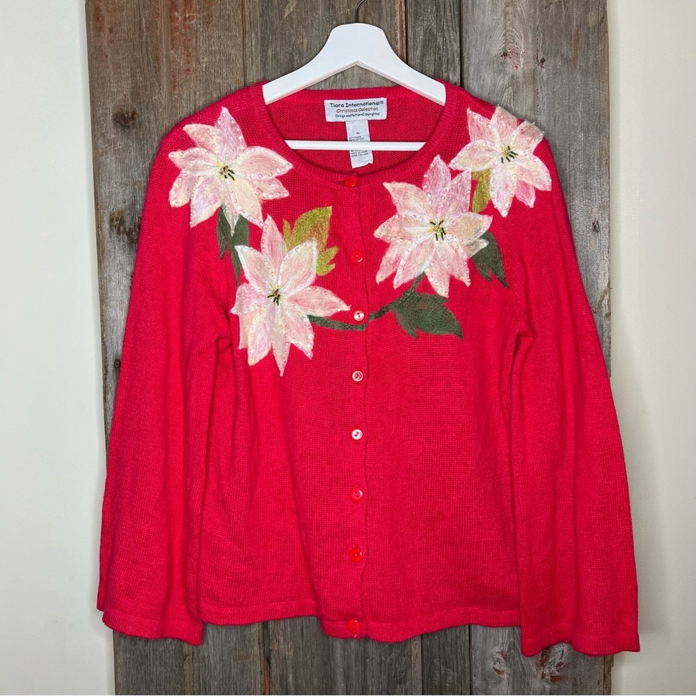 Tiara Christmas Collection Vintage Poinsettia Embroidered Beaded Cardigan XL